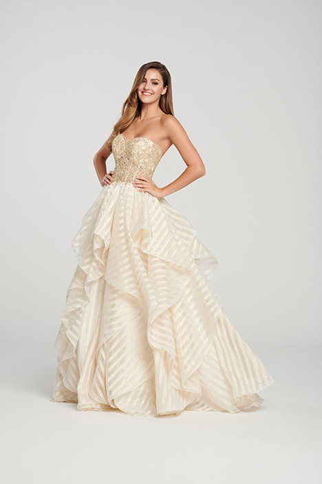 slim fit dress slacks Ellie WIlde Gold Prom Dress at XO by Sophia's